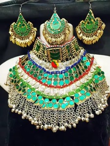 Conjunto de collar Kuchi tribal afgano tradicional con piedras verdes, rojas y azules, joyería étnica Bohemia en capas pesadas - Product Image 5