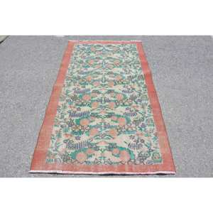 Classic Orange Green <b>Vintage</b> Turkish <b>Rug</b> 3.7 X 6.5ft Handmade Patchwork Design Wool Viscose Material Latex Backing for Living - Product Image 1