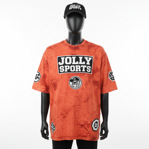 เสื้อยืดผู้ชายผ้าฝ้าย 100% ทรงหลวม พิมพ์ลาย เสื้อยืดผู้ชายลายฟอกสี ผ้าเจอร์ซีย์ฝ้าย ซักแล้ว สีส้ม พิมพ์โลโก้ยางแบบกำหนดเอง - Product Image 1