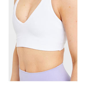 Sujetador deportivo de fibra blanca con logotipo personalizado, correas traseras ajustables, escote en forma de V, Sujetador deportivo suave de alto impacto para mujer - Product Image 1