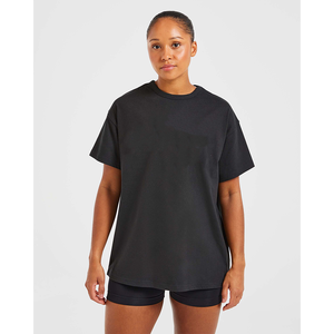 Venta al por mayor de negro personalizado Varsity Camiseta de manga corta de gran tamaño suave ligero y elegante ajuste Casual Yoga gimnasio Fitness Tee - Product Image 1