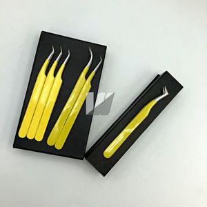 Jeu de pinces à épiler pour extension de cils avec logo personnalisé Instrument de beauté à pointe pointue en acier inoxydable à revêtement en poudre jaune - Product Image 3