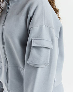 OEM/ODM 100% Sweat-shirt à capuche zippé en coton avec épaules tombantes et poches cargo latérales Sweat-shirt pour femme avec logo imprimé personnalisé - Product Image 5