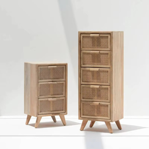 Modern 3-Drawer <b>Chest</b> Rattan Solid Mango Wood Body Metal Legs Premium <b>Storage</b> Cabinet for Apartment Home Use Eco-Friendly - Product Image 1