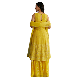 Amarillo una línea Georgette Kurta Palazzo traje al por mayor mujeres Ropa Étnica OEM proveedor de fábrica de ropa personalizada traje de fiesta - Product Image 5