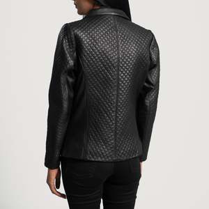 Cora <b>Quilted</b> Black Leather Blazer Business Suits Style <b>Single</b> Button Closure Knitted Woolen Fabric Solid Pattern Long Button - Product Image 6