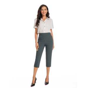 Pantalones Capri Casuales a Cuadros de Cintura Alta, Silueta Lápiz, Elásticos, Cortos de Verano con Botones para Atuendos Informales - Product Image 6
