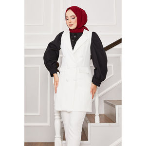 Conjunto de Pantalones y Chaleco Largo Color Crudo para Mujer, Blazer con Cuello de Pañuelo, Doble Botonadura, Decoración Casual, Estilo Elegante para Verano y Otoño - Product Image 2