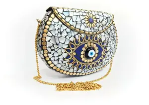 Tas logam mosaik mata jahat buatan tangan Clutch cangkang perak antik tas tangan wanita, kopling perak dari MUGHALCRAFTS