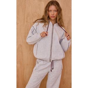 Custom <b>Womens</b> Light Gray Tracksuit Full Zip Hoodie <b>Jogger</b> Set Cotton <b>Fleece</b> Casual Trackstar OEM Private Label - Product Image 2