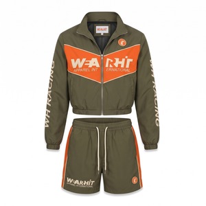 Nylon Tracksuit Set Cropped Zip Up Chevron Panel Racing Jacket and <b>Shorts</b> Two Piece Olive <b>Orange</b> Custom Logo OEM - Product Image 1