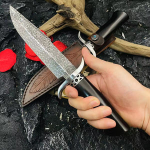 Cuchillo Bowie de acero de Damasco personalizado de alta calidad, mango fósil de mamut de sándalo, Funda de cuero, venta al por mayor, OEM, ODM para uso en exteriores - Product Image 2