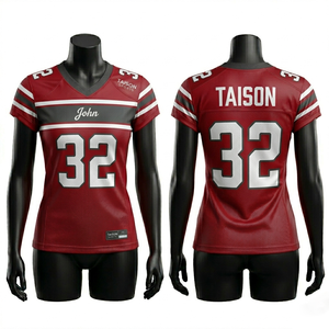 เสื้อเจอร์ซีย์อเมริกันฟุตบอลหญิง ผ้าโพลีเอสเตอร์ตาข่าย 220 GSM พรีเมียม สีแดง-เทา ลายแถบ ดีไซน์ระบายอากาศได้ดี พร้อมสกรีนโลโก้ตามสั่ง - Product Image 1