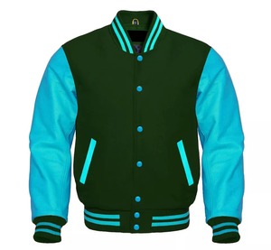 Chaqueta de lona Premium Letterman Baseball Varsity para hombre, lana verde, azul marino, Mangas de cuero genuino, frente de escuela secundaria universitaria - Product Image 1