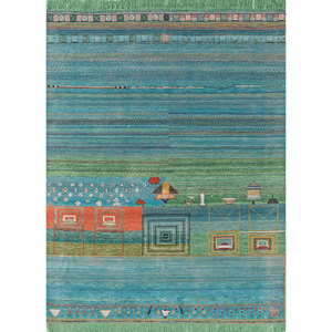 Tapis Manchaha bleu noué à la main en laine et soie de bambou, épaisseur 10 mm, motif géométrique abstrait, rectangulaire, pour couloir et maison, modèle Les-2013 - Product Image 1