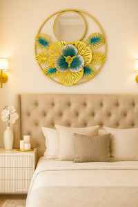 Espejo de pared de metal floral de lujo hecho a mano | Diseño de hoja dorada decorativa | Arte de espejo de hierro redondo para sala de estar y entrada - Product Image 3