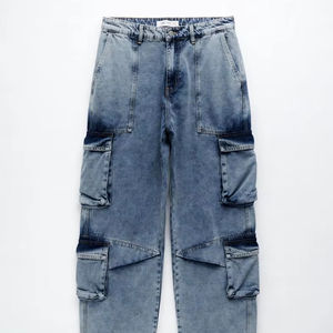 Pantalon cargo en denim tissé ample pour homme, taille haute, coupe décontractée, style streetwear, imprimé personnalisé, multi-poches, denim délavé - Product Image 4