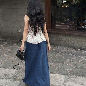 OEM Summer Floral Chiffon <b>Top</b> with <b>Built</b>-<b>in</b> <b>Bra</b> and Long Denim Skirt Set - Product Image 3
