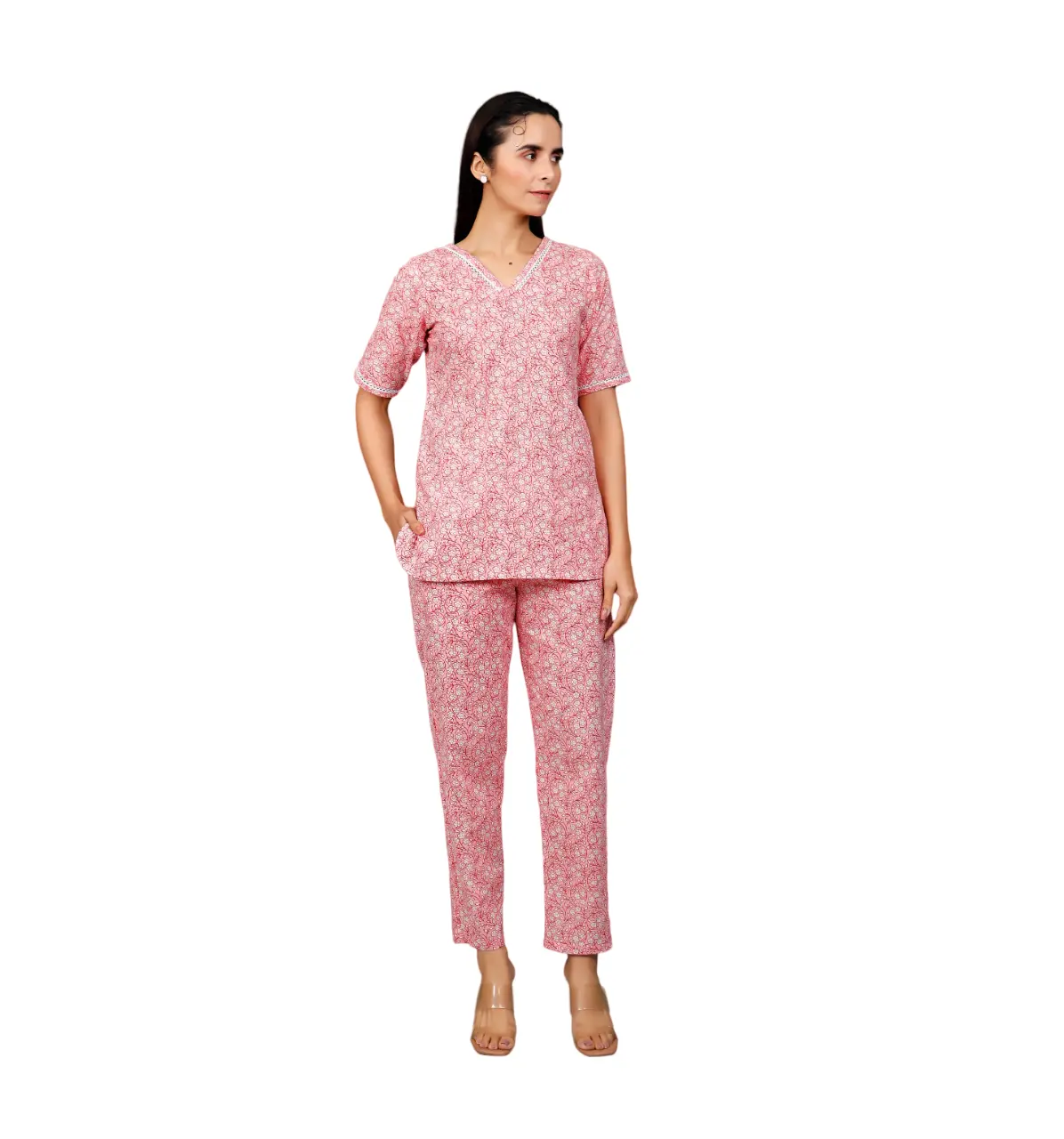 Conjuntos coordinados personalizados Conjunto rosa de Top y pantalón Conjunto de mujer Ropa de dormir informal Fabricante indio Precio al por mayor