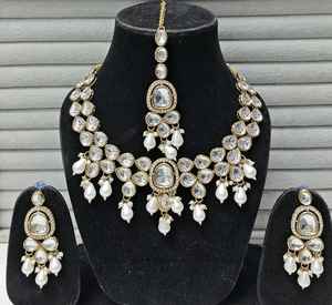 Conjunto de joyería de estilo victoriano Polki Kundan Ad Stone con tamaño ajustable para boda compromiso aniversario hecho perla de imitación - Product Image 3