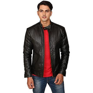 Blouson en cuir uni pour homme, col montant, style streetwear, en laine, pour moto, en promotion en ligne - Product Image 6
