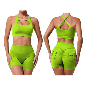 Vente en gros Ensemble 2 pièces côtelé personnalisé Vêtements de sport d'entraînement pour femmes grande taille Été Short Pop avec poche taille haute Ensemble yoga gym caramel - Product Image 2