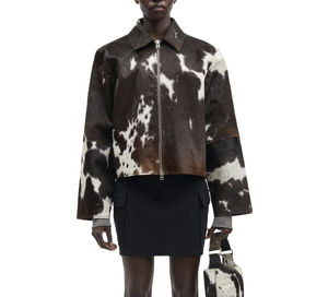 Veste en cuir de vachette unisexe respirant fourrure à col montant taille haute décontracté vache impression conception personnaliser - Product Image 1