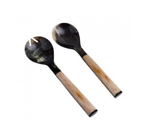 Juego de servidor de ensalada de cuerno natural de 2 uds con mango de hueso cuchara y tenedor Servidor de ensalada personalizado y mezcla de utensilios de cocina y vajilla - Product Image 1