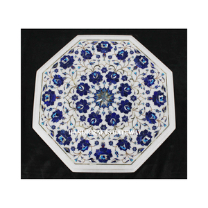 Excellente qualité Salle à manger Blanc Marbre Bleu Incrustation Maison Décorative Pierre Marbre Incrustation Dessus de table de fournisseur indien - Product Image 1