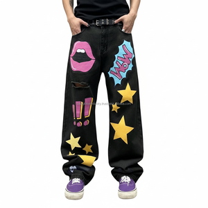 Nouveauté, pantalon en jean noir baggy Y2K pour hommes et femmes, style punk, imprimé graphique, streetwear, jeans hip hop - Product Image 1