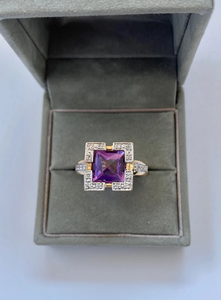 Bague lourde en or jaune massif 14k avec damier taillé violet améthyste Vintage Antique Style rétro bijoux en argent - Product Image 2