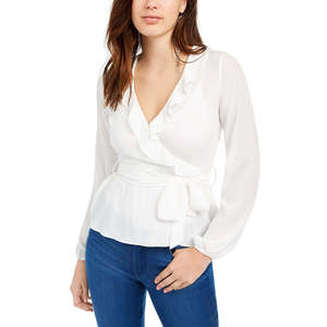 Camicetta da donna bianca taglia XL con volant e finto incrocio, in chiffon e popeline, modello lungo con ricami e decorazioni in pizzo, collo alto - Product Image 1