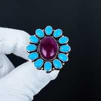 Pierre précieuse naturelle en forme de fleur de turquoise Kashmir Ruby Sleeping Beauty, sertie dans un cadre minimaliste en argent sterling 925 massif pour femme