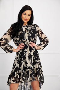 Black Tropical Print Chiffon A-Line <b>Dress</b> with <b>Elastic</b> Waist Puffed Sleeves Bow Neck High/Low Hem for Women Party Occasion - Product Image 4