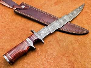 Cuchillo de hoja de Kris de Damasco hecho a mano, mango de palisandro con refuerzo de Damasco y Funda de cuero - Product Image 2