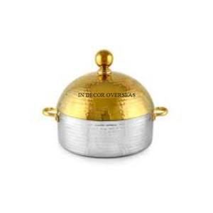 Casserole de forme ronde polie brillante de couleur argentée de texture martelée avec le couvercle supérieur plaqué or pour les ustensiles de cuisine de maison et d'hôtel - Product Image 1