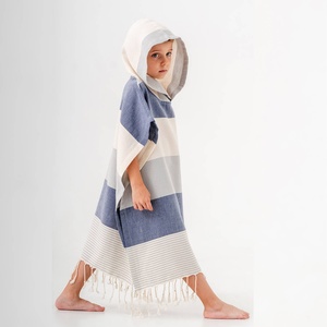Block Stripe Kids <b>Hooded</b> <b>Towel</b> Poncho Grey & Blue / Pink & Turquoise, Ages 2-5 - Product Image 4