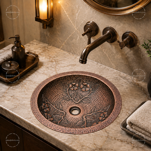 Lavabo de Cobre Hecho a Mano DIVRIS, Lavabo Individual de Sobremesa, Acabado Rústico Mate, Superficie Martillada, Fácil de Limpiar, Lavabo de Baño con un Solo Orificio - Product Image 5