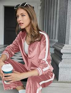 Joggers de terciopelo personalizados, chándal de terciopelo, panel lateral a rayas, de gran tamaño, suelto, transpirable, estampado brillante, con cremallera, conjunto de 2 uds para mujer - Product Image 4