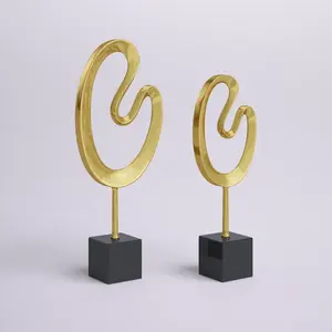 Modern Home Decor <b>Art</b> Statues Set Antique Gold Metal <b>Sculpture</b> Figurines with Black Base Polished Abstract Design - Product Image 2