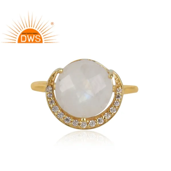 Best selling sterling silver 18k gold plated natural CZ and Rainbow moonstone gemstone stackable ring jewelry manufacturer