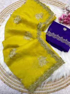 Saree élégant en soie jaune douce et croustillante pour les fêtes de mariage avec chemisier fantaisie exclusif Festival le plus vendu pour les femmes - Product Image 5