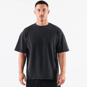 Camiseta Deportiva Negra Extra Grande de Punto Lavado para Hombre, Camiseta de Algodón Estilo Urbano, Corte Holgado, Manga Corta, Hombros Caídos, Cómoda para el Gimnasio - Product Image 2