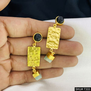 Designer <b>Black</b> Stone <b>Gold</b> Plated Geometric Dangle <b>Earrings</b> Vintage Style Brass Trendy Engagement Stunning Dangle Jewelry - Product Image 1