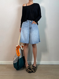 Saira da donna pantaloni larghi lavati Vintage pantaloncini in Denim tagliati in 4 parti Casual con Logo vita a metà vita per l'estate primavera - Product Image 5