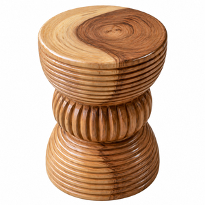 Modern Sculptural Eclipse Suar <b>Wood</b> <b>Stool</b> Premium Quality Handcrafted Ribbed Design Accent Living Room Bedroom Hotel Decor - Product Image 1