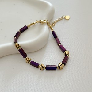 Pulsera chapada en oro de moda Bohemia, cuentas de tubo púrpura, joyería religiosa de acero inoxidable con patrón de número, Perla de diamante - Product Image 3