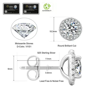 Boucles d'oreilles clous en argent sterling 925 plaqué or blanc avec diamant de laboratoire Halo 1.0CT 2.0CT, bijoux pour hommes et femmes, moissanite ronde VVS GRA - Product Image 2