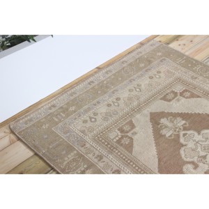 Vintage Turkish Rug Rug 4.3x7.9 ft (130x242 cm), <b>Brown</b> Geometric <b>Wool</b> Rug - Product Image 5