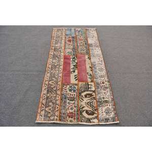 Eclectic <b>Vintage</b> Turkish <b>Rug</b> 2.8 X 5.9ft Beige Large Area Wool with Abstract Patchwork Hallway Pattern Latex Backed for Rooms - Product Image 1